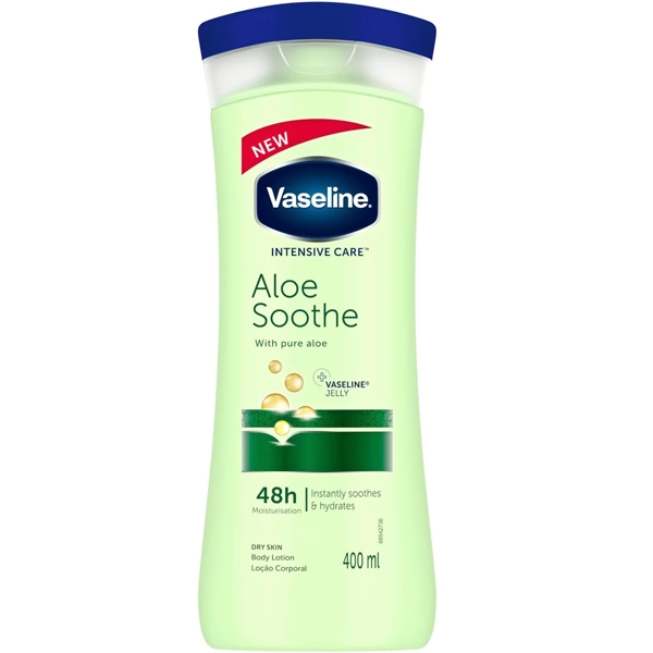 لوسیون بدن وازلین سبز اصل آلوئه ورا آبرسان و تسکین دهنده سریع 48 ساعته 400 میل | Vaseline Aloe Soothe Instantly soothes & hydrates dry skin Body lotion 48h 400ml